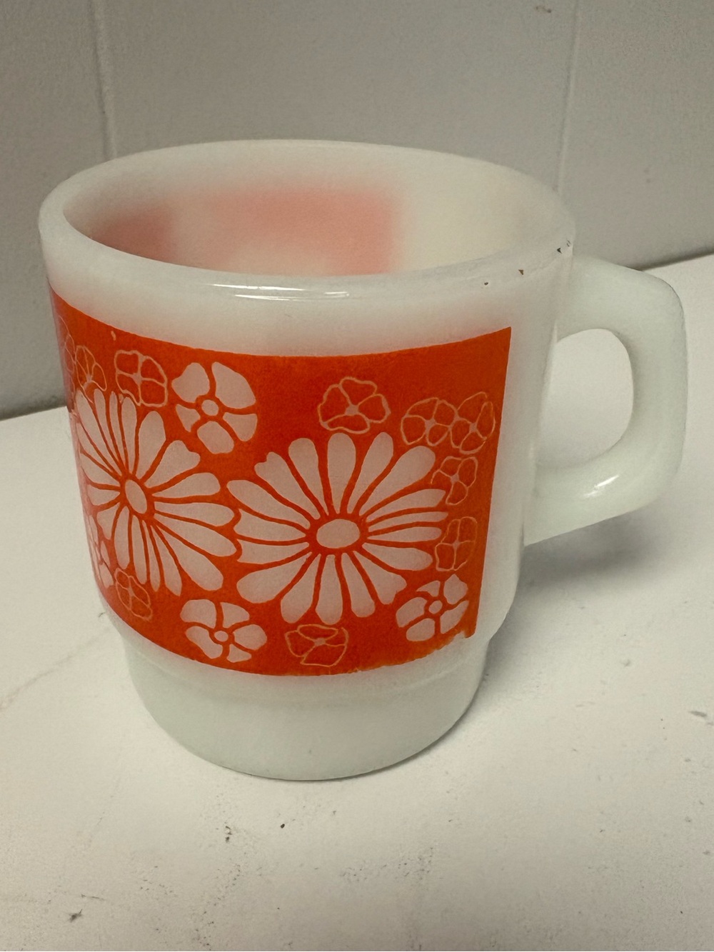 Vintage Fire King Milk Glass DaisyMug in Orange GUC  Retro